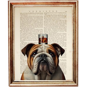 English Bulldog with Bourbon Glass Dictionary Art Print, Dog Portrait Wall Decor, Dog Lover Gift, Bourbon Home Art, Bar Wall Art