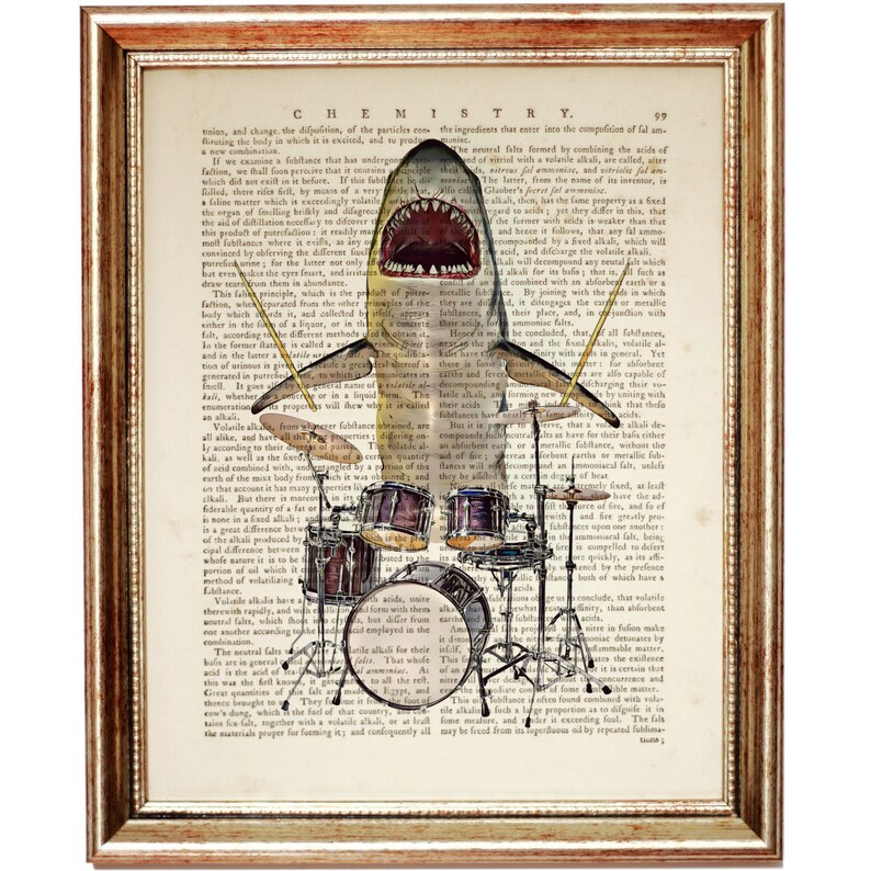 Set of 3 Wall Art, Shark Wall Art Set, Shark Playing Drums Dictionary Art Print, Shark Playing Saxophone Poster, Singing image 4