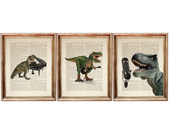 Set of 3 Dinosaur Print, Dinosaur Playing Piano Dictionary Art Print, Dino with Bass Guitar Poster, Animal Musicians Art