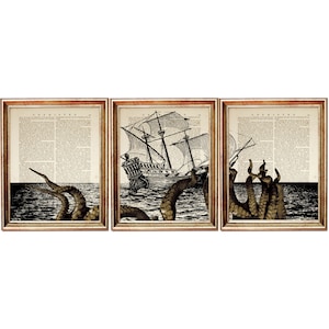 Set of 3 Prints, Kraken Dictionary Art Print, Octopus with Ship Poster, Sailor Wall Hanging, Sea Monster Wall Decor