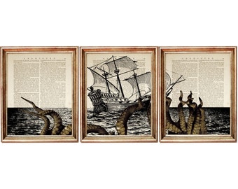 Set of 3 Prints, Kraken Dictionary Art Print, Octopus with Ship Poster, Sailor Wall Hanging, Sea Monster Wall Decor