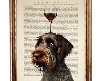 Stampa artistica di un griffone a pelo duro, decorazione originale per cani con equilibrio sul vino, pagina del dizionario con cane e bicchiere di vino, decorazione da parete per bar