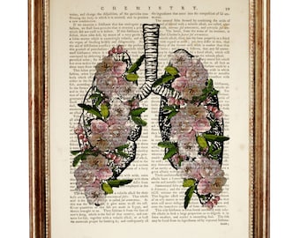 Blossoming Lungs, Unique Human Lung Dictionary Art Print, Anatomy Poster, Anatomical Art, Medical Lungs with Flowers Decor