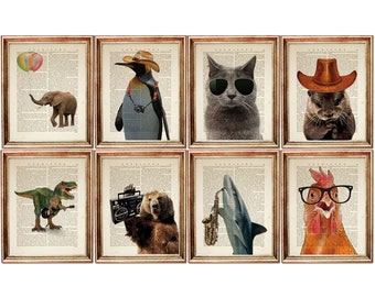 Set di 8 stampe artistiche di animali divertenti, decorazione da parete con gatto e lontra