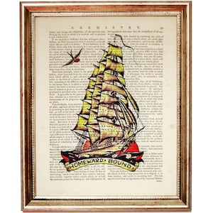 Sailor Jerry Dictionary Book Page, Homeward Bound Sailing Ship Print, Nautical Tattoo Flash Wall Art, Sailor Wall Decor