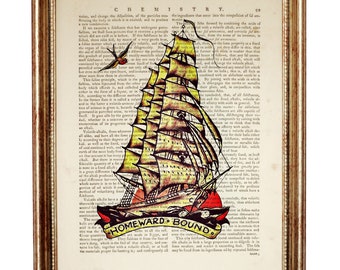 Sailor Jerry Dictionary Book Page, Homeward Bound Sailing Ship Print, Nautical Tattoo Flash Wall Art, Sailor Wall Decor