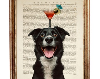 Funny Black Dog Wall Art with Martini Glass on Head, Dictionary Page Print, Pet Portrait, Bar Decor, Dog Lovers Gift