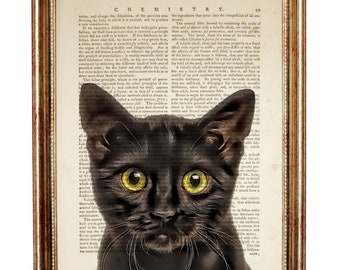 Stampa artistica di gatto nero, pagina di dizionario vintage, decorazione da parete con ritratto di animale domestico