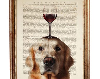 Golden Retriever Dictionary Art Print, Wine Glass Balancing Dog, Vintage Book Page Wall Art, Quirky Kitchen Bar Decor
