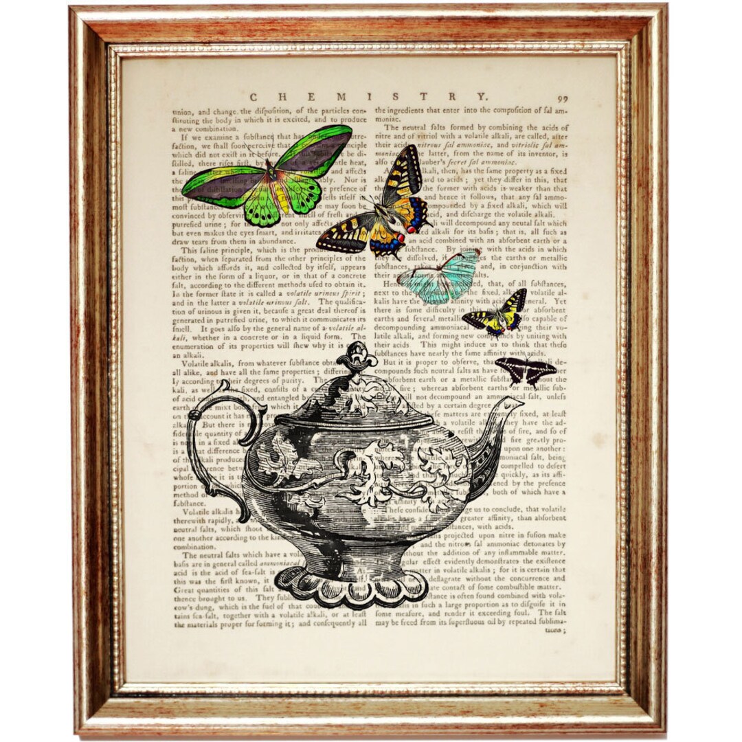 Black and White Teapot With Colourful Butterflies Dictionary Art Print