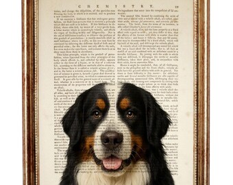 Lámina artística vintage con diseño de perro de montaña bernés, decoración rústica para el hogar.