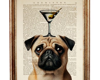 Pug with Dirty Martini Glass Dictionary Art Print, Quirky Dog Wall Art, Vintage Pug Lover Gift,  Pet Portrait Wall Decor