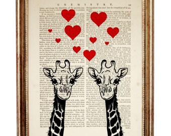 Romantic Giraffe Couple Art Print on Dictionary Page