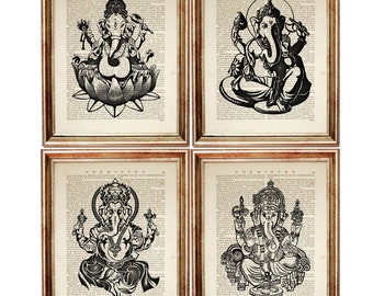 Set di 4 stampe artistiche del dizionario di Ganesha, decorazione murale del dio indù, arte spirituale dell'elefante, poster illustrativo della divinità indiana