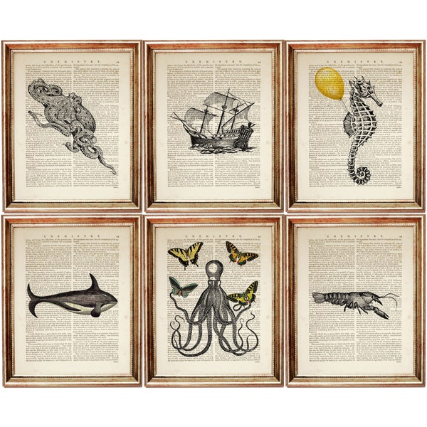 Set of 6 Sea Life Dictionary Art Print, Underwater Life Poster, Octopus with Butterflies Artwork 5x7, Sailing Ship Wall Hanging, Sea Horse