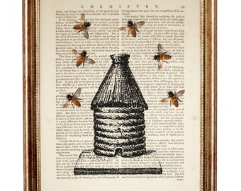 Beehive with Bees Dictionary Art Print, Rustic Home Decor, Book Page Art