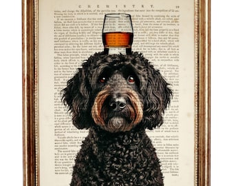 Black Goldendoodle with Bourbon Glass Art Print, Quirky Dog Portrait Dictionary Wall Art Bar Wall Decor 5x7, Pet Poster