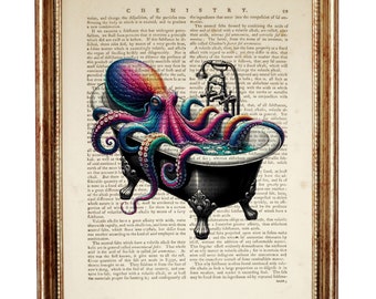 Stampa artistica di un polpo arcobaleno nella vasca da bagno, originale decorazione da parete per il bagno, poster con pagina di dizionario nautico, regalo di inaugurazione della casa, arte murale con polpo