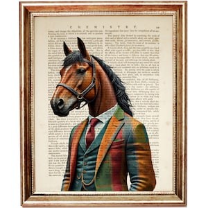 Elegantes Pferd in kariertem Anzug Wörterbuch Kunstdruck, Vintage Pferde antikes Buch Seite Pferde Liebhaber Geschenk, Reiter Wand Dekor