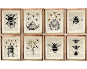 Set of 8 Prints, Bee Print Set, Bumble Bee Wall Art, Honey Bee Dictionary Art Print Set, Beehive Art Flower with Bee Poster