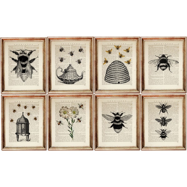 Ensemble de 8 impressions, ensemble d'impressions d'abeilles, art mural bourdon, ensemble d'impressions d'art de dictionnaire d'abeilles, art de ruche, affiche de fleur avec abeille