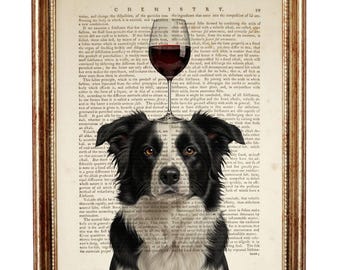 Border Collie mit Weinglas Kunstdruck, Lustiger Hund Wörterbuch Wanddeko, Hund mit Vintage Rotwein Poster, Geschenk für Hunde- und Weinliebhaber