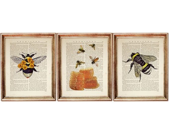 Bumble Bee Print Kinderzimmer, 3 Prints, Bienenwabe Dekoration Wörterbuch Art Print, Biene Geschenk Set Poster, Honey Bee Kinderzimmer Print