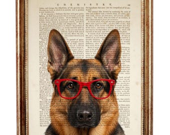 German Shepherd Dictionary Art Print, Dog with Red Glasses Wall Art, Vintage Pet Artwork