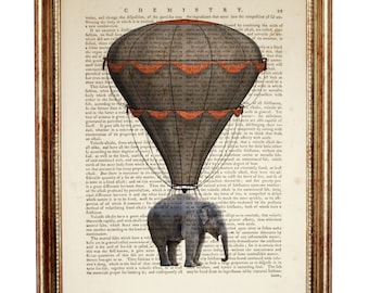 Stampa artistica di elefante, elefante con mongolfiera pagina di dizionario vintage, decorazione da parete con animali giocosi, opera d'arte per bambini