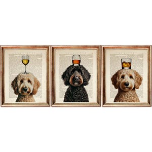 Set di 3 stampe, stampe artistiche del dizionario Goldendoodle, arte murale del cane con vino, poster del bicchiere di bourbon con cane nero, opera d'arte da bar