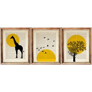 Set of 3 Wall Art, Safari Nursery Decor, Sun Silhouette Set of 3 Prints, Giraffe Print for Wall, Vintage Poster Wall Art