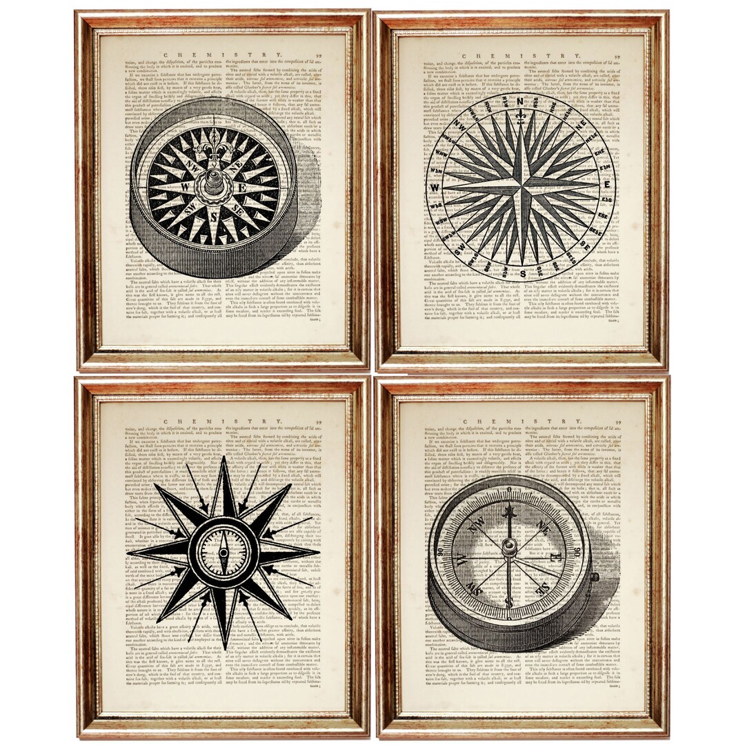 set-of-4-wall-art-compass-wall-art-print-navigation-tool-dictionary