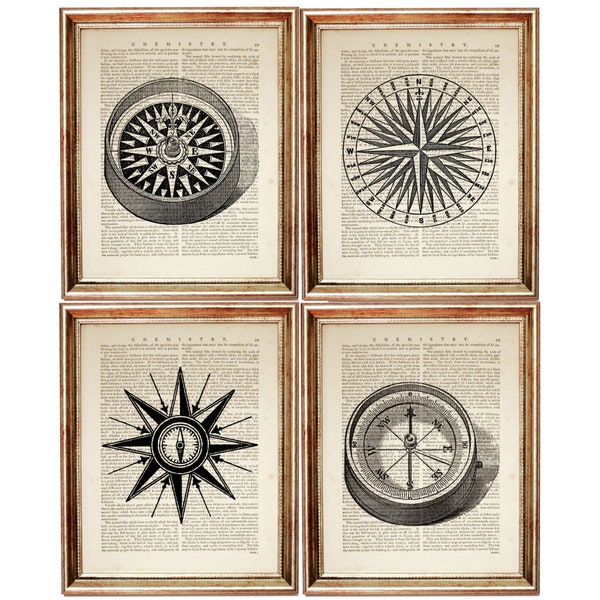 Set of 4 Wall Art, Compass Wall Art Print, Navigation Tool Dictionary Art Print, Nautical Wall Decor Vintage Compass Poster