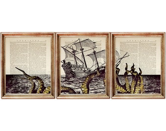 Set of 3 Prints, Kraken Dictionary Art Print, Nautical Wall Art, Octopus with Ship Poster, Sailor Wall Hanging Decor