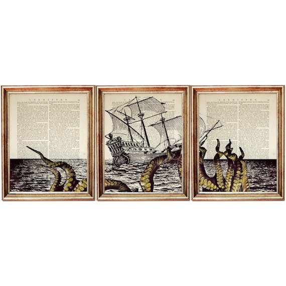 Set of 3 Prints Kraken Dictionary Art Print Nautical Wall Etsy