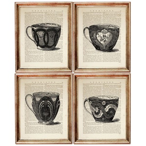 Lot de 4 impressions, impressions de tasses de thé vintage, pages de dictionnaire de tasses, collection d'art de tasse de thé noir et blanc, décoration de cuisine antique