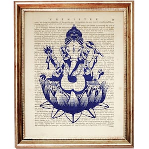Kobaltblau Ganesh Wanddekor, 4er Set Drucke, Ganesha Wandkunst, Wörterbuch Kunstdruck, Hindu Kunstwerk Hindu Gott Wandbehang Bild 4