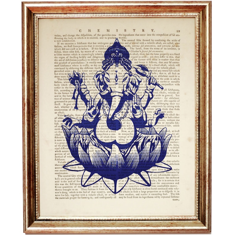 Kobaltblau Ganesh Wanddekor, 4er Set Drucke, Ganesha Wandkunst, Wörterbuch Kunstdruck, Hindu Kunstwerk Hindu Gott Wandbehang Bild 4