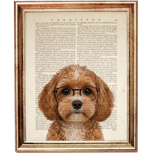 Puede incluir: Una impresión enmarcada que presenta un perro marrón con gafas redondas, sobre un fondo de páginas de libros antiguos. El perro tiene pelaje marrón rojizo y el marco tiene un acabado dorado. La palabra "CHEMISTRY" es visible en la parte superior.
