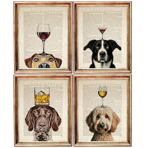 Set di 4 stampe, stampe da parete con ritratto di cane, cane con bicchiere di vino, GSP con whisky, stampe da parete con Border Collie, Goldendoodle