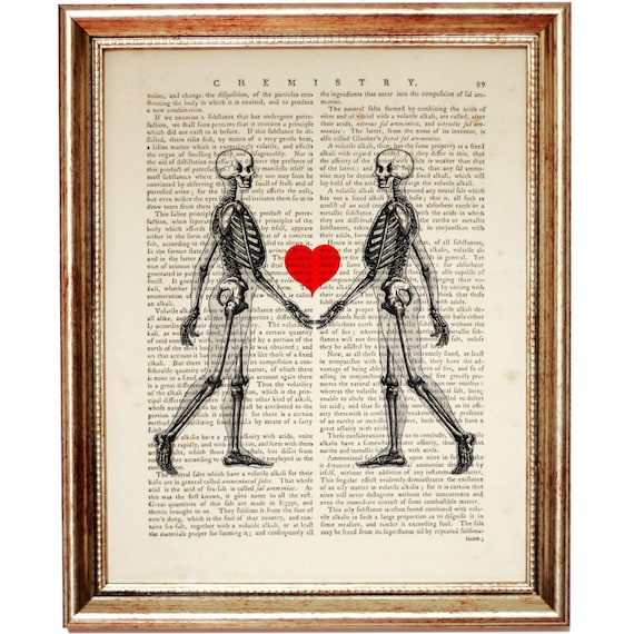 Romantic Skeleton Art Print, Skeletons Holding Hands with Red Heart Vintage Dictionary Page, Gothic Love Wall Decor