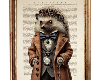 Hedgehog in Vintage Coat Art Print: Woodland Animal Dictionary Portrait