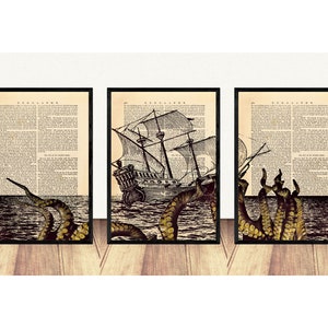 Set of 3 Wall Art, Kraken Art Print, Kraken and Ship Wreck Dictionary Art Print, Giant Octopus Poster, Sea Monster Decor