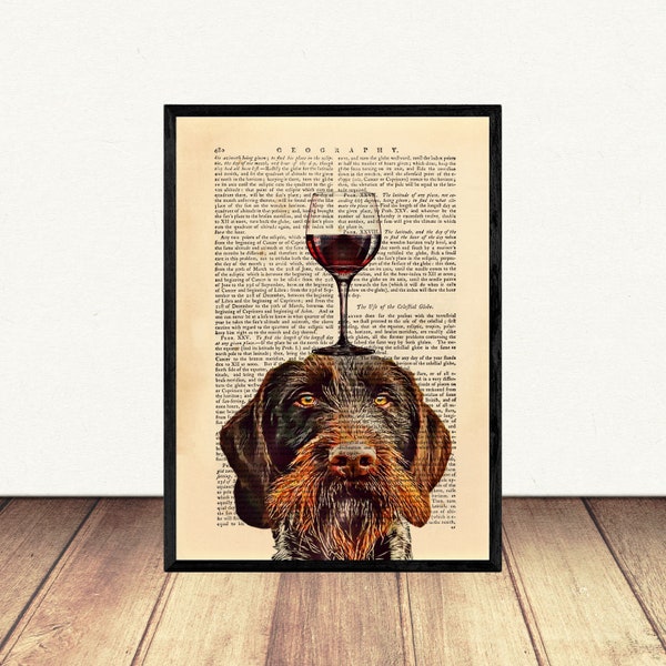 Dog With Wine Glass Dictionary Art Print, German Wirehaired Pointer Wall Art, Funny Animal Portrait Poster, Wine Lover Decor