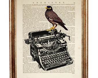 Vintage Schreibmaschine mit Vogel Wörterbuch Art Print, Künstlerisches Poster, Einzigartiges Schriftsteller Geschenk, Upcycled Buch Seite Wand Kunst 5x7 & 8x10 Kunstwerk