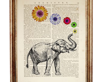 Elephant with Flower Art Print, Safari Animal Vintage Dictionary Page Wall Decor, Animal Illustration Upcycled Book Artwork