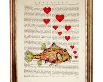 Stampa di pesci d'epoca, pagina di libro antico sulla vita marina, arte murale nautica
