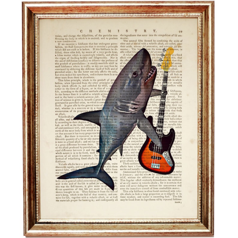 May include: A vintage book page with a colorful illustration of a shark playing a bass guitar. The text on the page is from a book about chemistry.