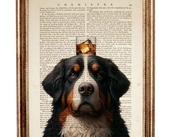 Bernese Mountain Dog with Whiskey Glass Art Print, Rustic Dictionary Page, Dog Portrait Wall Decor, Whiskey Lovers Gift