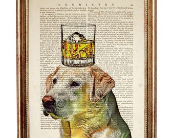 Yellow Labrador Dog Wall Art with Bourbon Glass, Dictionary Page Dog Portrait Print, Bar Decor for Dog Lovers, Unique Gift Idea